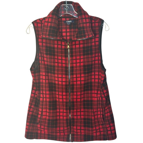 Chaps Jackets & Blazers - Chaps Fleece Vest Women Red Black Plaid Full Zip Stand Collar Gorpcore Fall M